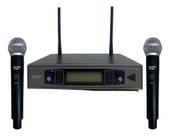 Microfone Duplo Mão Sem Fio Skypix Sk M58d Uhf 200freq Metal