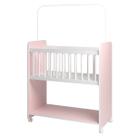 Mini Berço Grade Fixa Compacto Portátil Para Bebê com Rodízio Colchão Suporte Para Mosquiteiro e Prateleira Rosa Branco