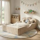 Mini Cama Infantil Montessoriana Pompom Espuma D26 Menina Menino Proteção Lateral Bege Rosa Azul Incluso Colchão