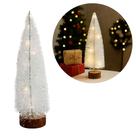 Mini Pinheiro de Mesa Iluminado 30cm Branco Nevado LED Sequencial e Base Tronco Natural