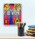 Mini Quadro Top de Garrafas coloridas com Flores figurativo pintado a mão
