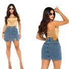 Mini Saia Jeans Feminina Cintura Alta Ziper Frontal E Bolso