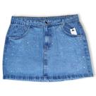 Mini Saia Jeans Feminina Com Pedrinhas de Brilhantes Lateral Cintura Alta Sem Lycra Empina Bumbum 38 ao 46