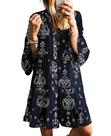 Minivestido feminino SELINK, manga comprida, decote em V, estampa tribal azul marinho