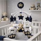 Móbile Musical de Berço Bebê Ursinho Príncipe Azul Marinho e Dourado