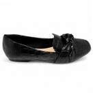 Mocassim Feminino Preto Croco Bico Quadrado Detalhe em Nó