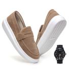 Mocassim Masculino Sola Alta Loafer Couro Camurça Conforto Qualidade + Relógio Ponteiro