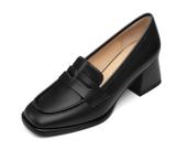 Mocassins femininos FEMSTEP, couro preto, salto grosso, tamanho 6,5