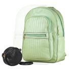 Mochila Bolsa Couro Impermeável Feminina Verde + Bolsinha Transversal Preta