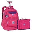 Mochila Carrinho Com Estojo Fichario Grande Kit Escolar Premium
