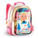 Mochila Costas Alice Baralho Infantil Escolar Creche Rosa Denlex