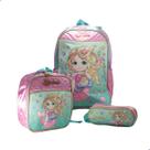 Mochila De Rodinha Kit Lancheira e Estojo Ravi Clio Sereias Rosa e Verde Tiffany