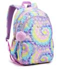 Mochila Escolar 17” Feminina Glitt Tie Dye Colorido Reforçada Com Chaveiro Pompom Seanite
