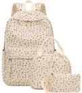 Mochila Escolar BTOOP Floral Bege em Veludo Cotelê para Adolescentes