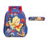 Mochila Escolar de Costas e Estojo Capitã Marvel Rising