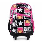 Mochila Escolar Feminina Infantil com 2 Rodinhas Menina Preta e Rosa Estrelas Alça Retratil Reforçada Bolso Lateral Sweet Girl