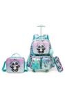 Mochila Escolar Infantil De Rodinhas Menina Panda Impermeável + Lancheira Térmica + Estojo