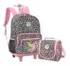 Mochila Estampada Onça Oncinha Rodinhas Tam G + Lancheira