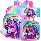 Mochila FTJCF Unicorn 3 peças com lancheira para meninas 16 polegadas rosa