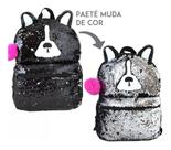Mochila Juvenil Paetê Preto/prata Dog Muda De Cor Clio Girls Preto e Prata