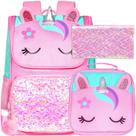 Mochila KLFVB, 3 peças, lantejoulas, unicórnio para meninas, com lancheira rosa de 15 polegadas
