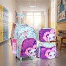 Mochila Rodinhas Menina + Lancheira Termica + Estojo Escolar