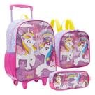 Mochila Rodinhas Unicórnio Arco Íris Lancheira Estojo Rosa Infantil Xeryus