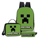 Mochila Simples Com Estojo e Lancheira Termica Kit Escolar Completo Infantil Game Craft Blocos