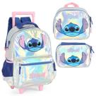 Mochila Stitch Rodinha Holográfica Com Estojo Box Lancheira