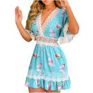 Moda feminina babados crochê remendo de renda franzido detalhe vestido estampado floral