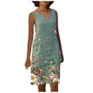Moda Feminina Linho Casual Plus Size com decote em V Floral Estampa Vestido sem mangas