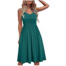 Moda feminina verão à beira-mar sling sem mangas com decote em v cor sólida vestido casual