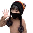 Moda infantil cachecol de lã de malha chapéu pompom cap set inverno quente+máscara facial