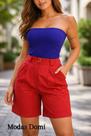 Modas Casual Shorts Liso com Bolsos para Mulheres Sem Cinto Linho 136