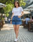 Modas Domi Short Jeans Feminino Cintura Alta Godê J9224 Modas Domi Short Jeans Feminino Cintura Alta Godê J9224