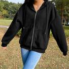 Moletom Com Capuz Preto De Manga Longa Em Fleece, Cor Sólida, Moda Coreana, Com Bolsos E Zíper