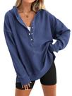 Moletom com capuz PRETTYGARDEN, moda feminina 2024, com botões e decote em V, azul Moletom com capuz PRETTYGARDEN, moda feminina 2024, com botões e decote em V, azul