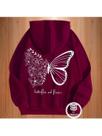 Moletom Feminino Borboleta Blusa de Frio Estampado Costas com Bolso Canguru Cordão Capuz