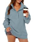 Moletom feminino Gacaky, de tamanho grande, botão Henley, lã, azul, cinza, L
