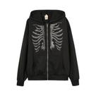 Moletom Feminino Gótico Preto Com Strass E Estampa De Esqueleto, Oversized, Com Zíper, Estilo Retrô