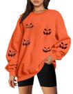 Moletom feminino VILOVE com lantejoulas de Halloween com rosto de abóbora Moletom feminino VILOVE com lantejoulas de Halloween com rosto de abóbora
