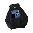 Moletom Masculino Oversize Com Capuz Estampado Gato Estrelado Noturno Casual Outono Pulôver S-XL