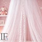 Mosquiteiro Teto Berço Bebê Princesa Decoração Delicada Tule Cabana Pompom Rosa Claro