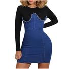 Mulheres Casual Alto Elástico Denim Oculto Zíper Manga Curta Falso Dois Vestido