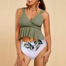 Mulheres sexy bloco de cores com impressão de flores sem encosto biquíni de duas peças maiô maiô conjunto de roupa de praia