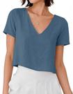 Mywinway Top Cropped de Linho Feminino Gola V Manga Curta XL Mywinway Top Cropped de Linho Feminino Gola V Manga Curta XL