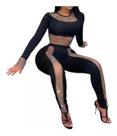 N-B0309-Conjunto Feminino Top Cropped Calça Brilho Festa Balada A6