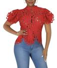 N-C2302-Blusa Renda Lese Gola Alta Manga Bufante Plus Size 19b