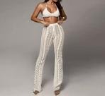 N-E1301-Calça Pantalona Flare Tricô Crochê Saída Praia Sexy M40
