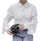 N-F1608-Blusa Feminina Branco Pérolas Renda Babado Luxo Elegante
